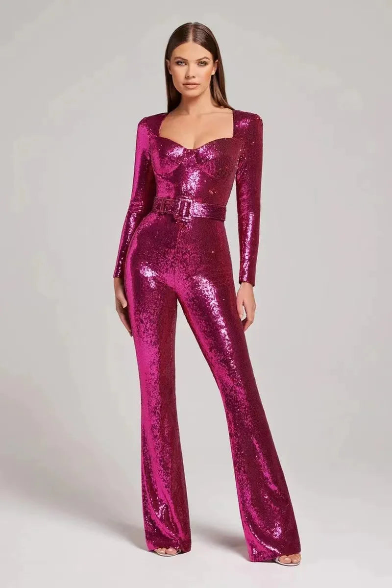 Damen-Jumpsuits Pailletten Einteiler Bodenlang Hosen-Overalls Lange Ärmel Bodycon Party-Nacht-Strampler Spleiß Hohe Taille Gürtel
