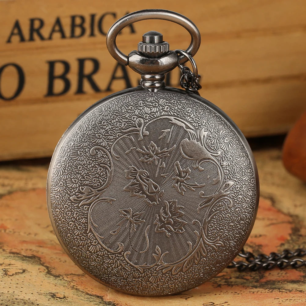 Retro Gray Three-headed Fire Dragon Necklace Quartz Pocket Watch Men Antique Nordic Amulet Pendant Women Game Movie Jewelry Hour