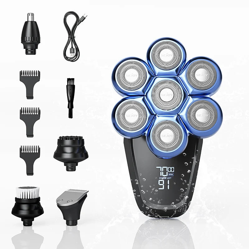 Sejoy 6-in-1 7D Kopfrasierer für Glatzen Elektrorasierer mit Nasenhaartrimmer Wasserdichtes Multifunktionales Herrenpflege-Set