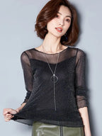 Glitzer-Netzbluse Sexy Damen Shirts Langarm-Oberteile Koreanisch Schwarz Pink O-Neck Elegante Slim Bluse Camisas Femininas
