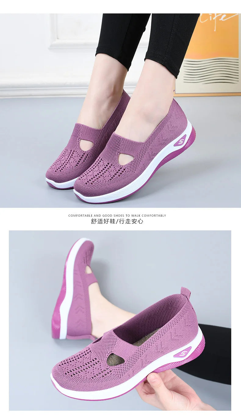 Damen Neue Sommerschuhe Mesh Atmungsaktive Sneaker Leichte Slip-on Plateau Freizeitschuhe Damen Rutschfeste Gehschuhe Gewebte Schuhe