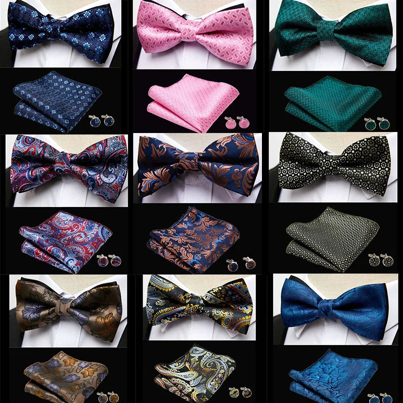 HUISHI Classic Blue Bowties For Men  Paisley Floral Bow Tie Pocket Square Cufflinks Suit Set Wedding Party Plaid Solid Butterfly Main image