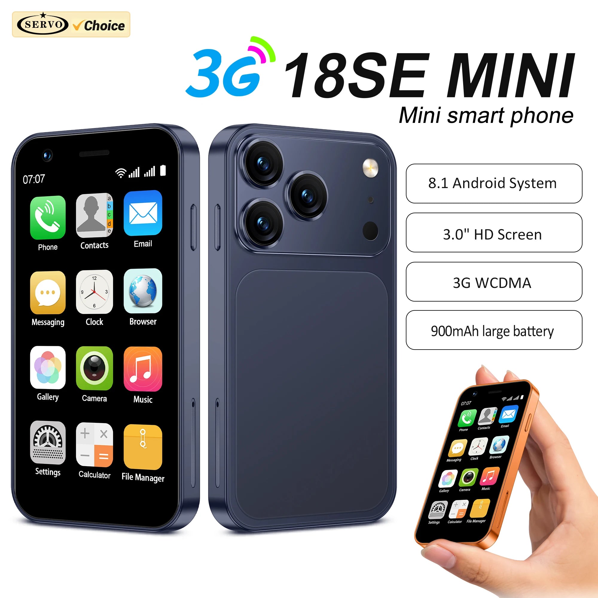 SERVO 18SE MINI 3G Pocket-Smartphone Android System Google Play 16GB ROM 2MP Kamera WiFi Super kleine Smartphones 2 SIM Standby Hauptbild