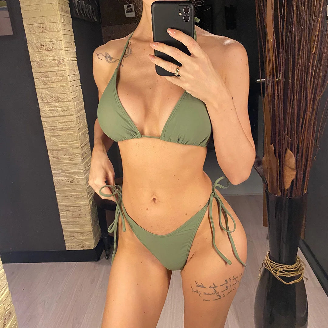 7 Farben Neckholder Brasilianischer Bikini Damen Bademode Weiblicher Badeanzug Zweiteiliges Bikini-Set Gepolsterter Badeanzug Damen V3536