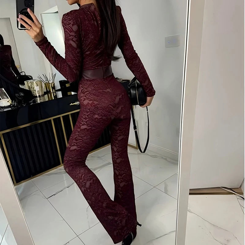 Elegante Damen-Büro-Hose, gerader Schnitt, sexy Overall mit O-Ausschnitt, Spitze, figurbetont, Club-Jumpsuit, Herbst, lässig, langärmelig, hohe Taille, Romper