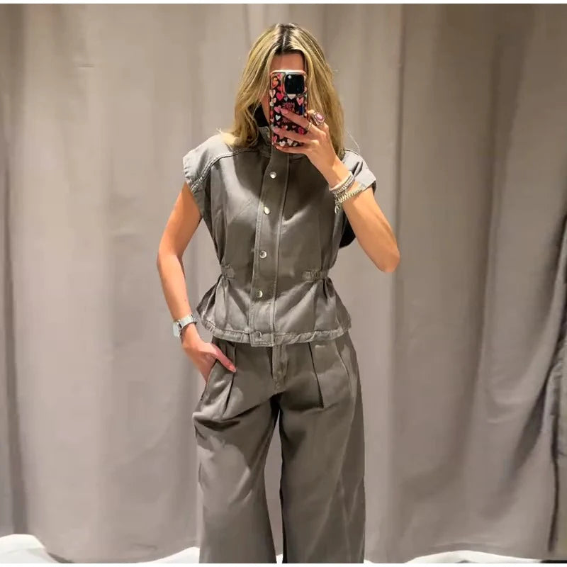 Jeansweste Lockere Lange Hose Damen Set Stehkragen Einreiher Taillierte Oberteile Hohe Taille Hose Schicke Lässige Damen Neue Sets