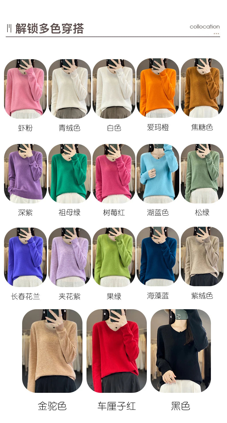 Damen 100% Merinowolle Pullover V-Ausschnitt Basic Pulli Herbst Winter Kaschmir Kleidung Langarm Weiche Strickware Oberteile Unifarben