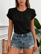 Damen Chiffon Bluse Schwarz Rundhals Plissiert Puffärmel Oberteil Locker Sitzende Lässige Chic Hemden Tops Frühling Sommer Büro Alltagskleidung