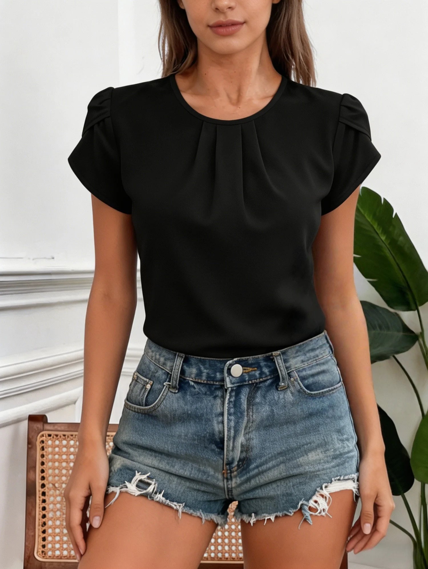 Damen Chiffon Bluse Schwarz Rundhals Plissiert Puffärmel Oberteil Locker Sitzende Lässige Chic Hemden Tops Frühling Sommer Büro Alltagskleidung