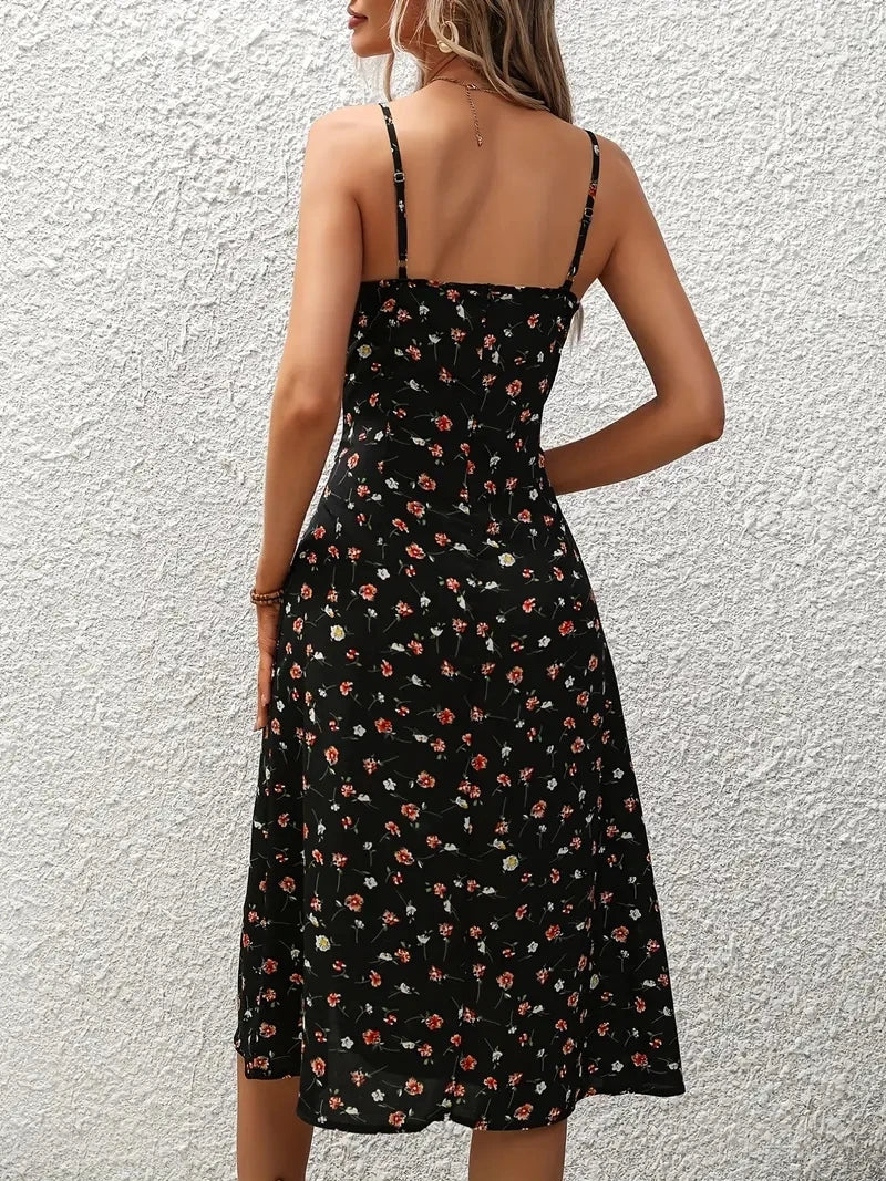 Damen Blumenmuster Spaghettiträger Sommer Boho Strandkleid Druck Elegant Träger Eckiger Ausschnitt Schlitzkleid Vestidos 2024 Zweitbild