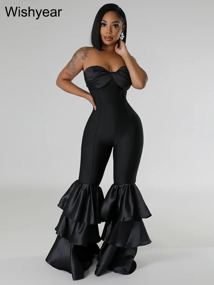 New One Pieces Jumpsuits Women Black Strapless Sleeveless Sexy Rompers Slim Fit Long Ruffles Flare Pant Night Club Even Overalls