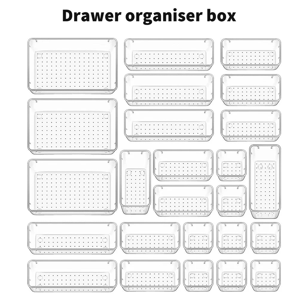 25tlg. Schubladen Organizer Set, durchsichtige Kunststoff-Schreibtischteiler, Behälter, Schlafzimmer-Kommode, Büro-Aufbewahrungsbox für Make-up, Schmuck, Gadgets