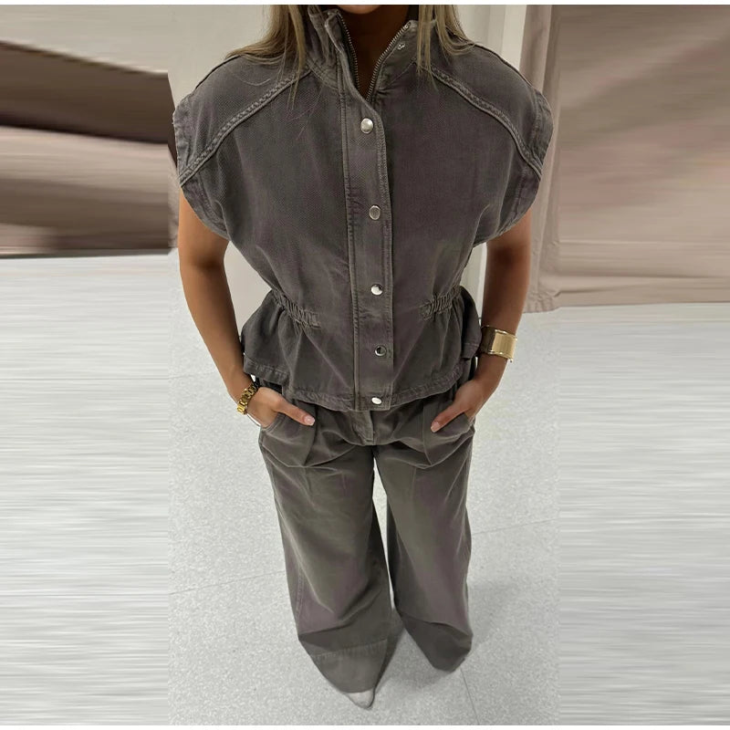 Jeansweste Lockere Lange Hose Damen Set Stehkragen Einreiher Taillierte Oberteile Hohe Taille Hose Schicke Lässige Damen Neue Sets