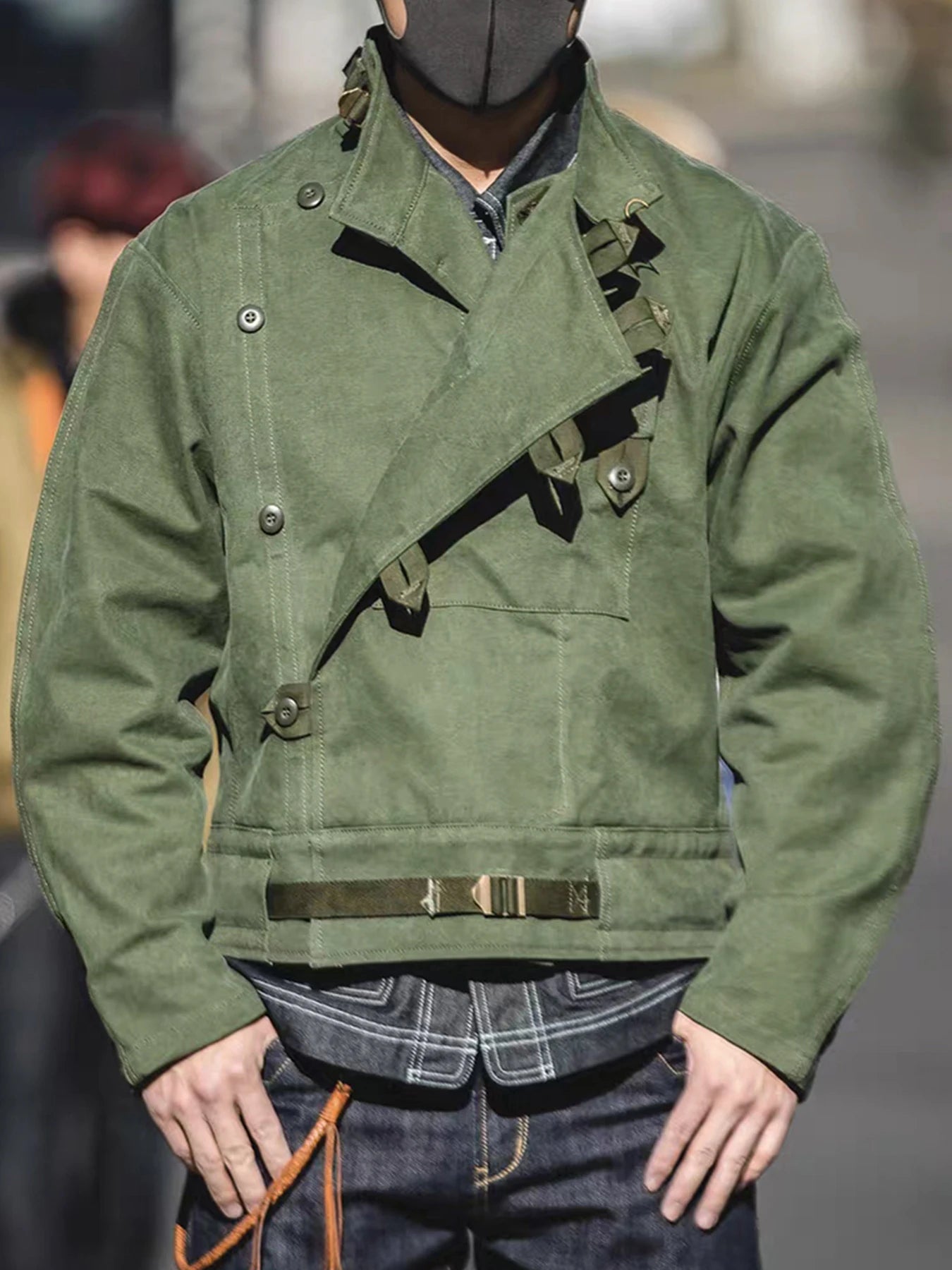 Swedish motorcycle jacket, men's retro military green casual cropped jacket, 100% cotton canvas workwear asymmetric safari style Main image