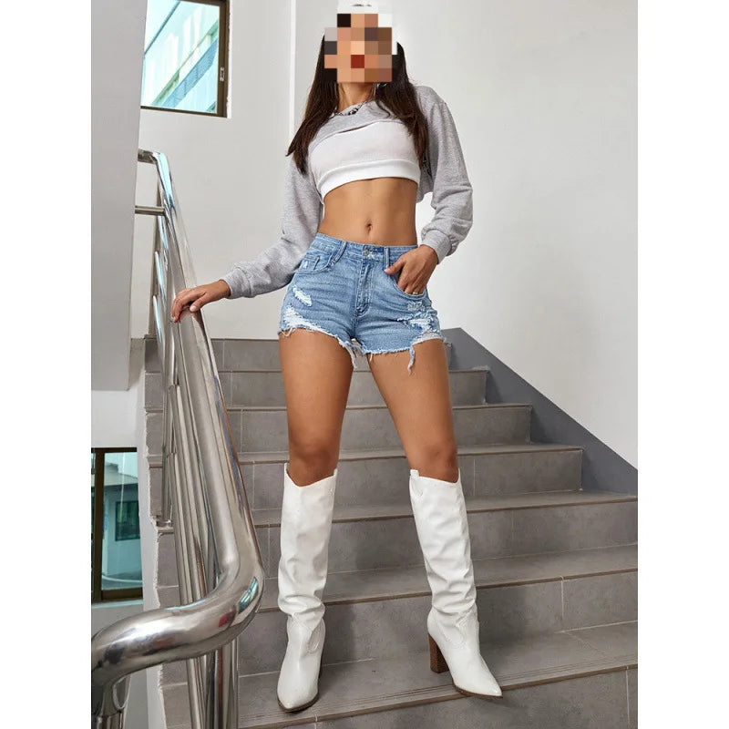 Damen Hotpants Jeans Shorts Zerrissen Kurze Hose Distressed A-Linie High Waist Sommer Streetwear Skinny Hot Pants Mode Freizeitkleidung