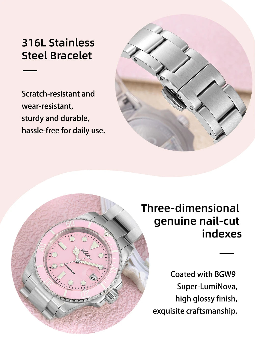 ADDIES Luxus Damenarmbanduhren Elegant Klassische 36mm Business Damenuhr BGW9 Leuchtend Wasserdicht Edelstahl Quarz Damenuhren