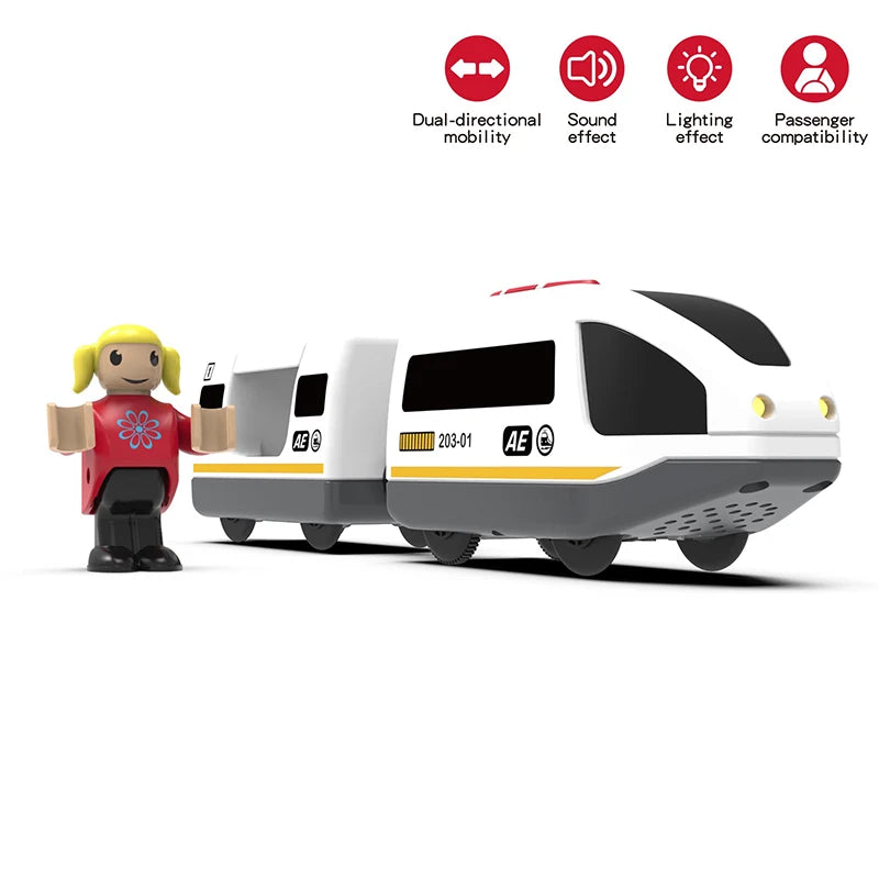 Kid Magnetische Elektrische Zug Lokomotive Holzschienen Slot Diecast Eisenbahn mit Zwei Waggons Zug Holzspielzeug Biro Leduo Gleis