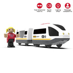Kid Magnetische Elektrische Zug Lokomotive Holzschienen Slot Diecast Eisenbahn mit Zwei Waggons Zug Holzspielzeug Biro Leduo Gleis
