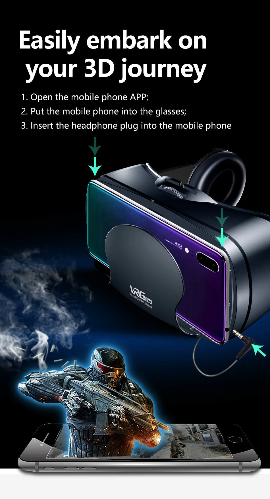 Virtual Reality 3D VR Headset Smart Glasses Helm für Smartphones Handy Mobile 7 Zoll Linsen Fernglas Brille Geräte