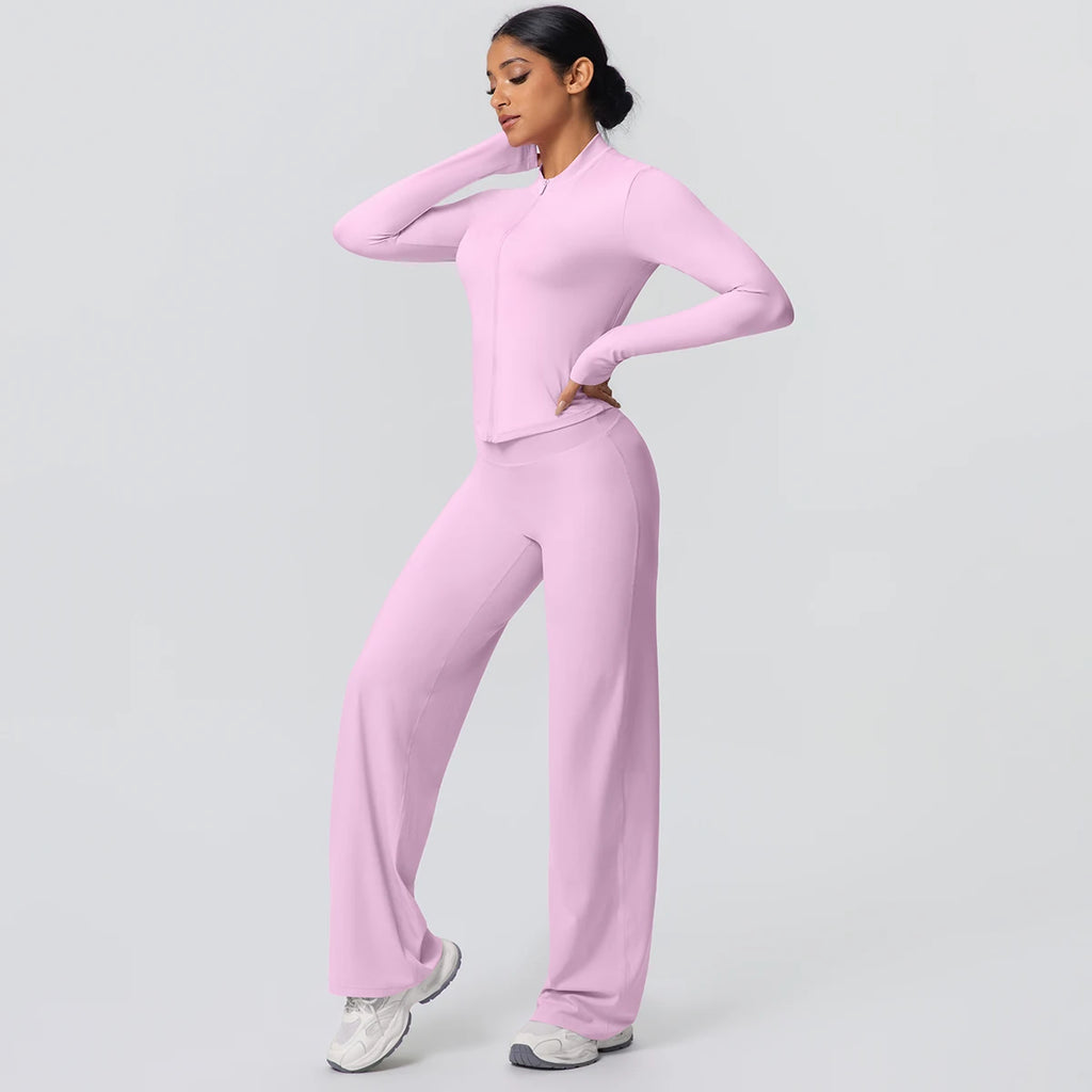 2-teiliges schnelltrocknendes Sport-Fitness-Bekleidung Yoga-Set Damen Yoga Reißverschluss Langarm High Waisted atmungsaktive weite Hose Set