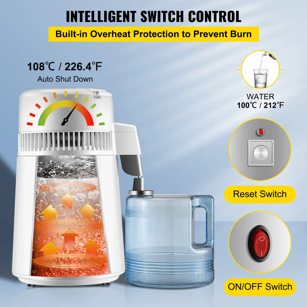 SucceBuy 4L Wasserdestilliergerät Reiniger Filter Spender Heizung Trinkflasche Enthärter 304 Edelstahl Haushaltsgerät
