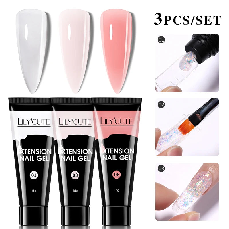 LILYCUTE 15ml Verlängerungsgel-Nagellack-Set Quick Nail Prolong mit Verlängerungsform-Nagelspitzen Acryl-Lösung Maniküre-Werkzeug-Kit