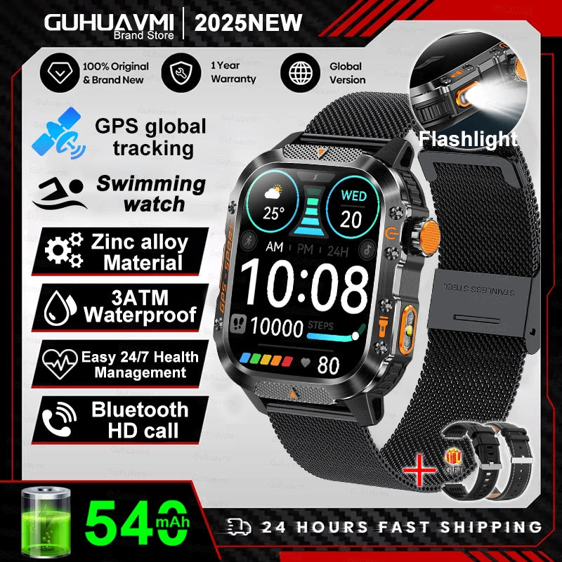2025Neue GPS Smartwatch für Xiaomi IOS Militärkompass Taschenlampe Smartwatch Herren 10ATM Wasserdicht 100+Sportmodi BT Anruf Uhr