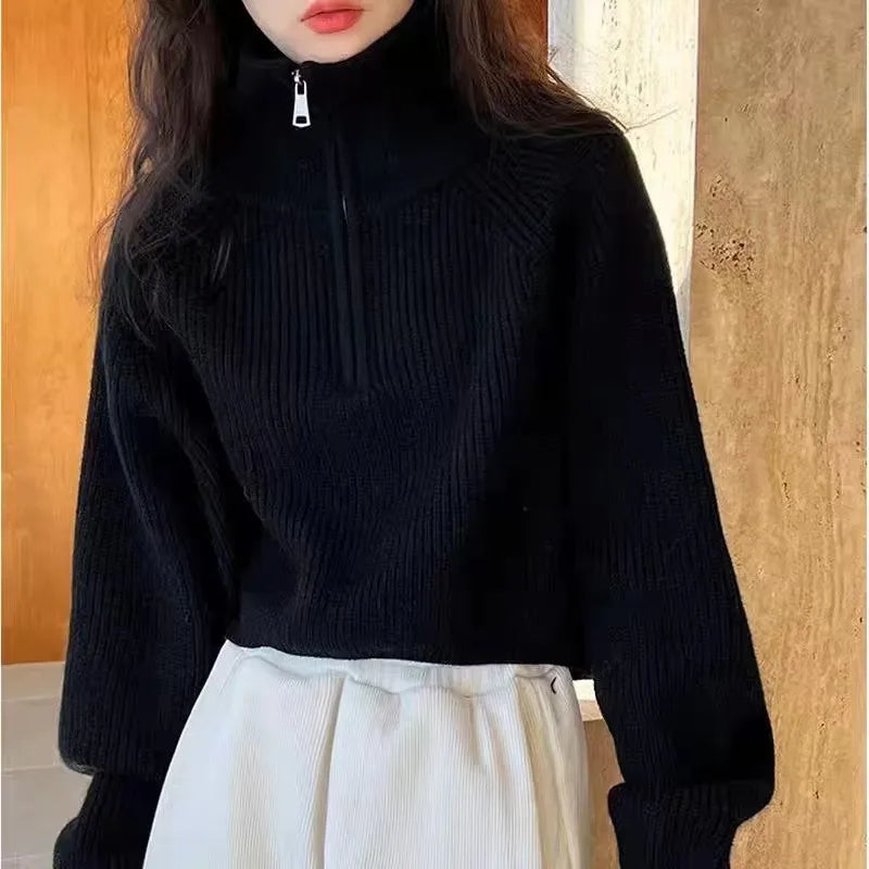 Damen Half-Zip Kragen Pullover Weicher Strick Langarm Kurzer Pulli Herbst Winter Teenager-Mädchen Koreanisches Mode-Outfit