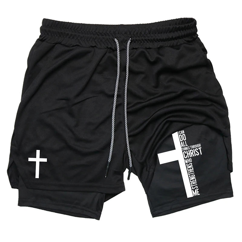 Herren-2-in-1-Lauf-Workout-Shorts mit Druck, Christian Gym Athletic Performance Shorts mit Handytasche und Handtuchschlaufe, Activewear