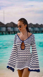 Sexy Boho Striped Chic V-neck Cut Out Bell Sleeve Knit Beach Mini Dress 2026 Summer Women Seaside Holiday Swimsuit Cover Up K123