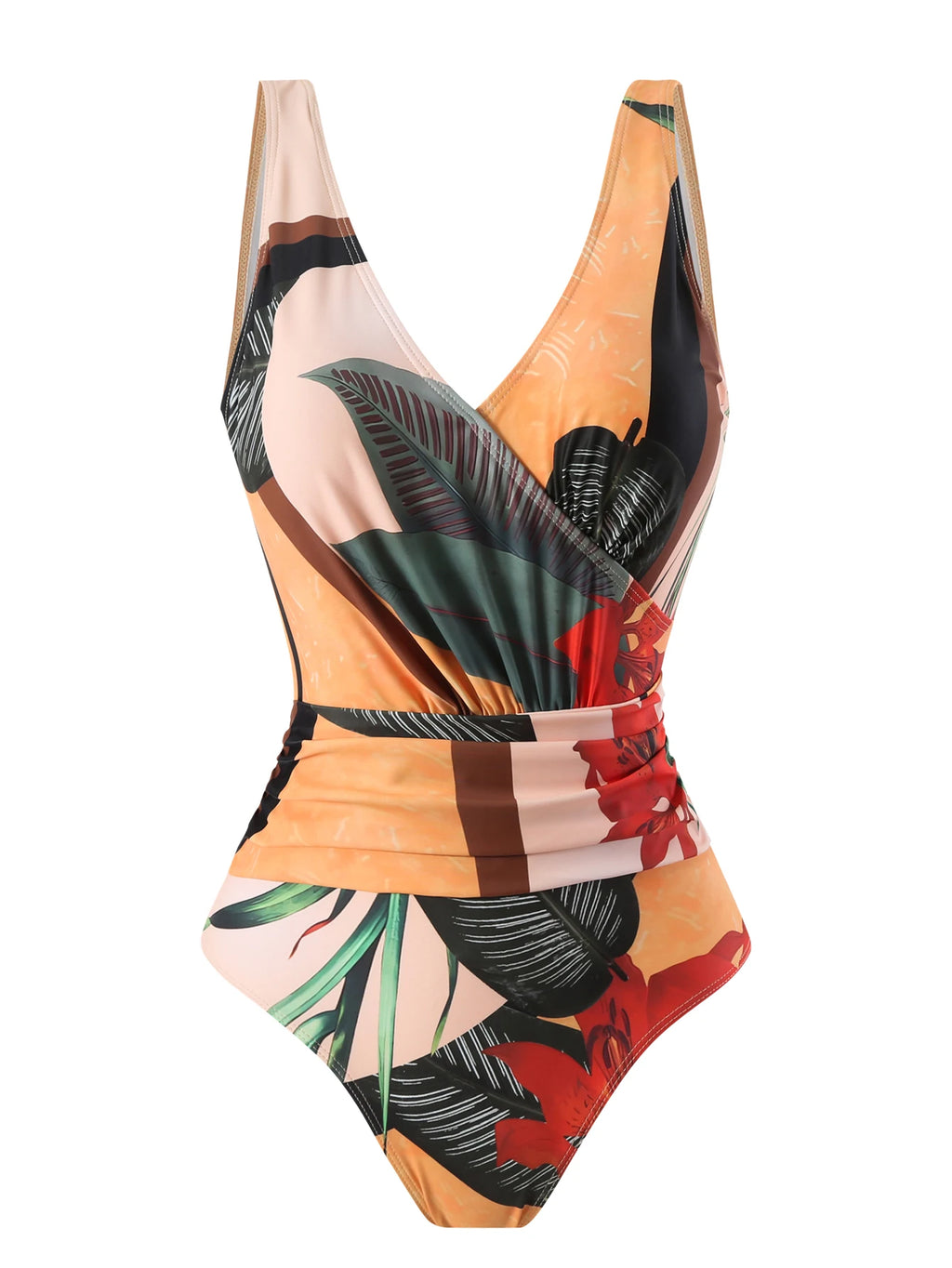 Summer retro digital printed lace up women's beach vacation one-piece swimsuit gauze skirt 2-piece set