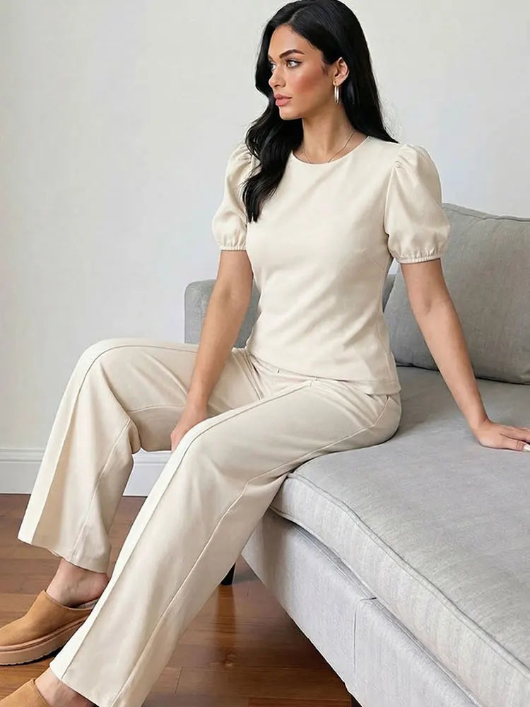 HH Damen Elegantes Beiges Set, Rundhals-T-Shirt, Einfarbiges Puffärmel-Oberteil, Lässige Weite Hosen, High Street Chic Outfit Hauptbild