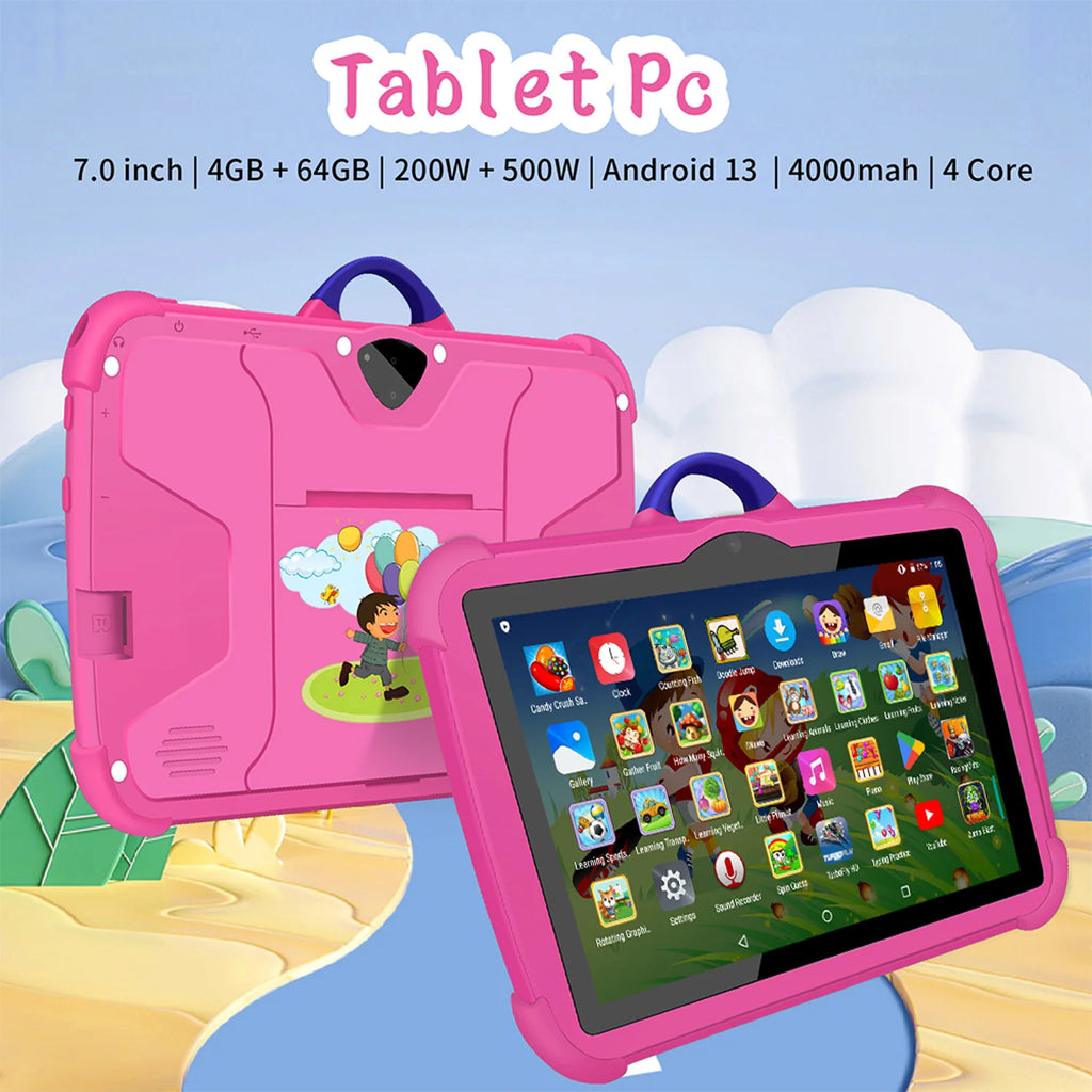 Neues Cartoon-Muster Kinder-Tablet 7 Zoll Quad-Core 4GB RAM 64GB ROM Android Lernspiele Tablets Kindergeschenke