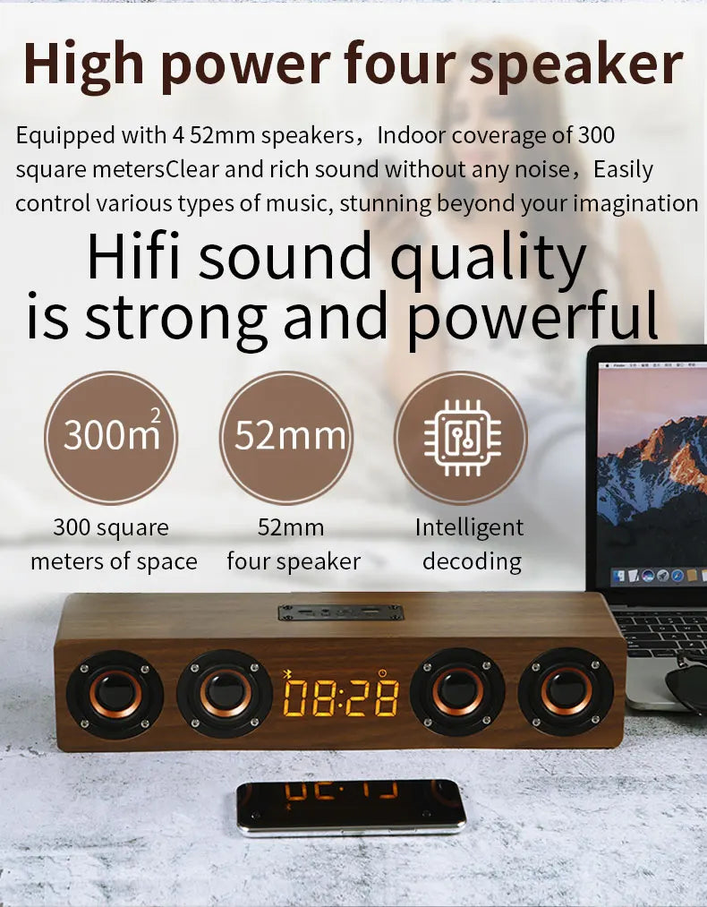 Domars Wireless Bluetooth 5.0 Speakers Wooden Alarm Clock Display Sound System Player with AUX TF FM Radio Subwoofer Box
