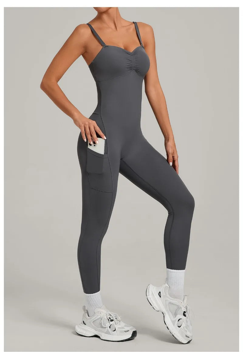 Damen Yoga Jumpsuits Sport Fitness Einteiler Schönheits-Rückengurt Tasche Hüfthebend Slim Fit Laufen Workout Training Bodysuit
