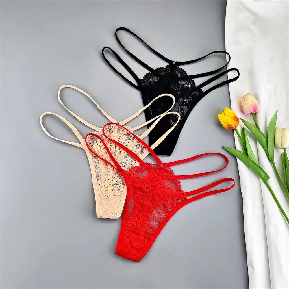 3 Stück Spitze Dünne Träger Tanga Frauen Tiefe Taille Sexy Perspektive Unterwäsche Damen Transparenter G-String Slip Plus Size T-Rücken