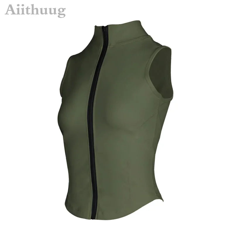 Aiithuug Athletic Reißverschluss-Sweatweste Jacke Ärmellose Lauf-Yoga-Tops Stehkragen-Shirts Sport-Top Fitness Damen Workout-Tops