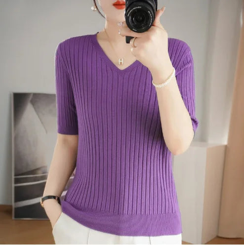Damen Pullover Frühling Sommer Kurzarm V-Ausschnitt Strickshirt Lässige koreanische Pullover Gestreiftes Unterziehshirt Slim Fit Pullover