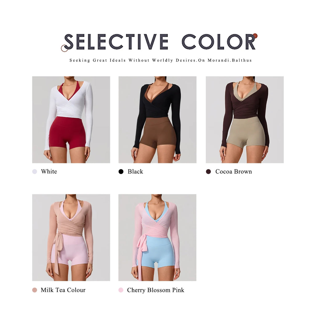 Neue Sommer Damen Yoga Langarm Einteiler Träger Yoga Kleidung Weibliches Training Premium Ballett WickeloberteileFrauen Fitness Sport Top