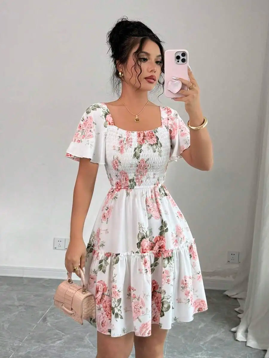 Damenkleid mit Blumenmuster, Schärpen, Rüschensaum, kurzen Ärmeln, Freizeitkleid, Damen-Abendkleider im Urlaubsstil
