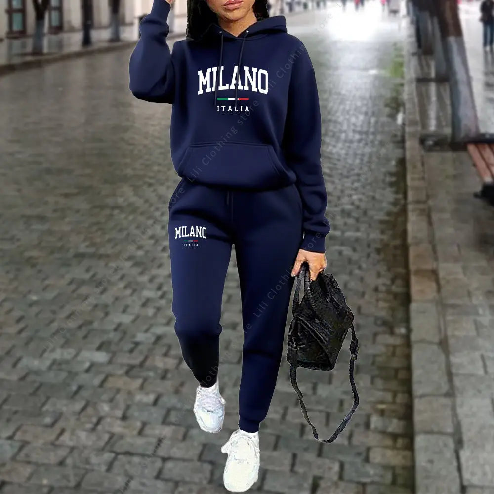 Herbst Winter Damen Sets 2-teilige Hoodies Hosen Anzug Sport Outfits 2025 MILANO Buchstaben-Print Ästhetische Kleidung Damen Trainingsanzug