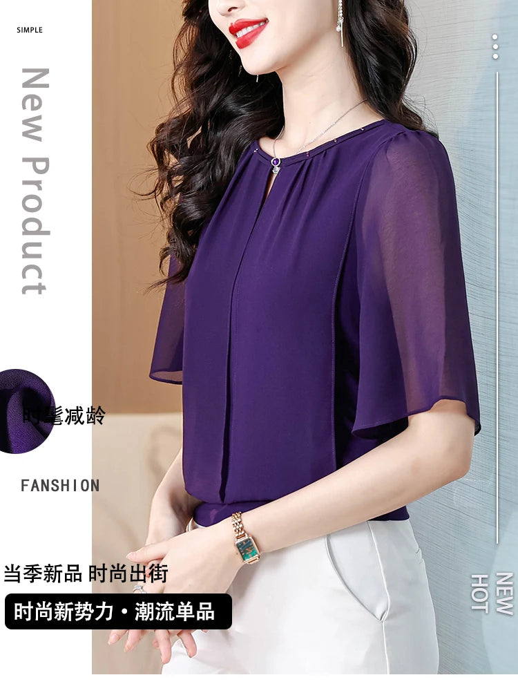 Sommerkleidung Halbarm-Chiffonbluse 2025 Neue Mode Loose Damen Tops Einfarbige Freizeit-Pullover-Shirts