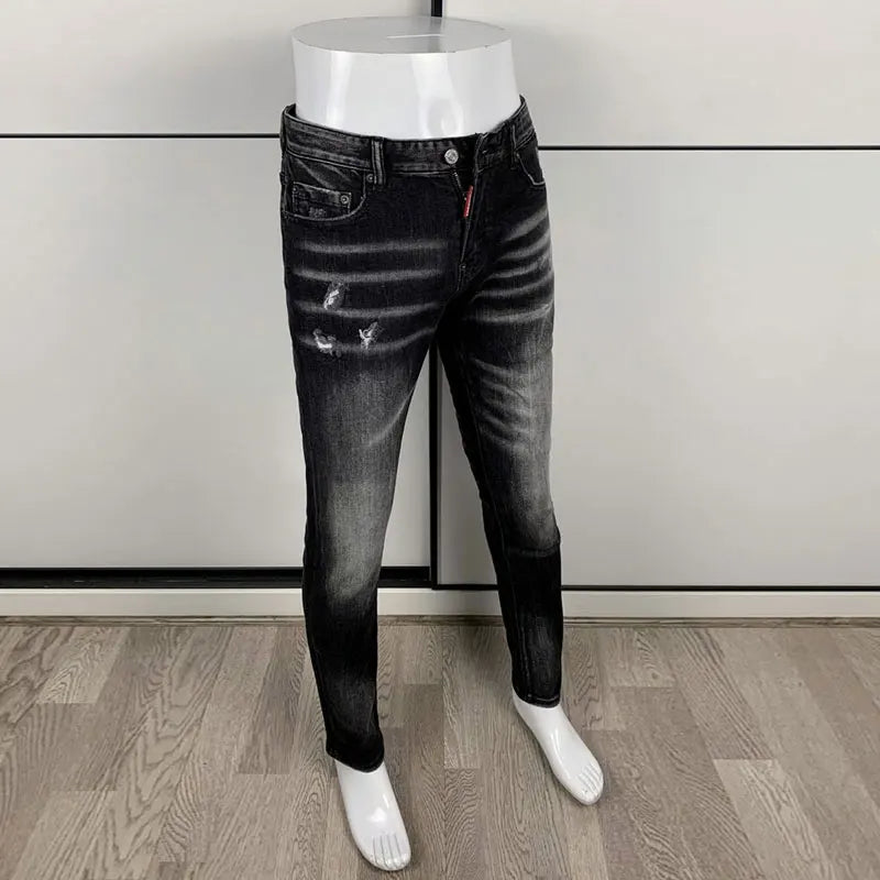 Street Fashion Herren Eng Schwarz Grau Jeans Retro Elastische Schlankmachende Split-Style Jeans Herren Retro Designer Brand Jeans Hombre