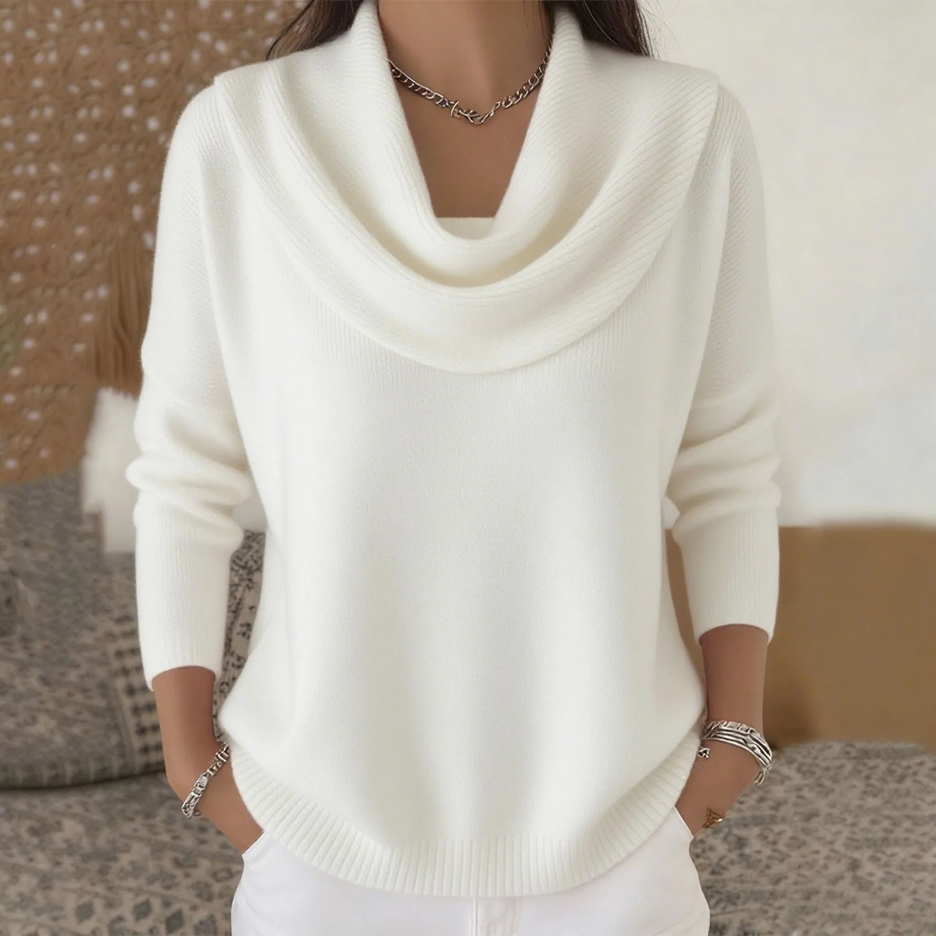 Damenpullover mit drapiertem Ausschnitt, schlichtes & elegantes Rundhals-Strickoberteil, geeignet für Frühling, Herbst und Winter