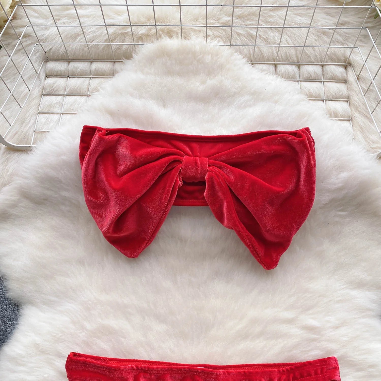 SINGREINY Weihnachten Erotische Dessous Anzüge Damen Trägerlos Eng Anliegend Kurze Nachtwäsche Mode Samt Schleife Sinnliche Unterwäsche Sets