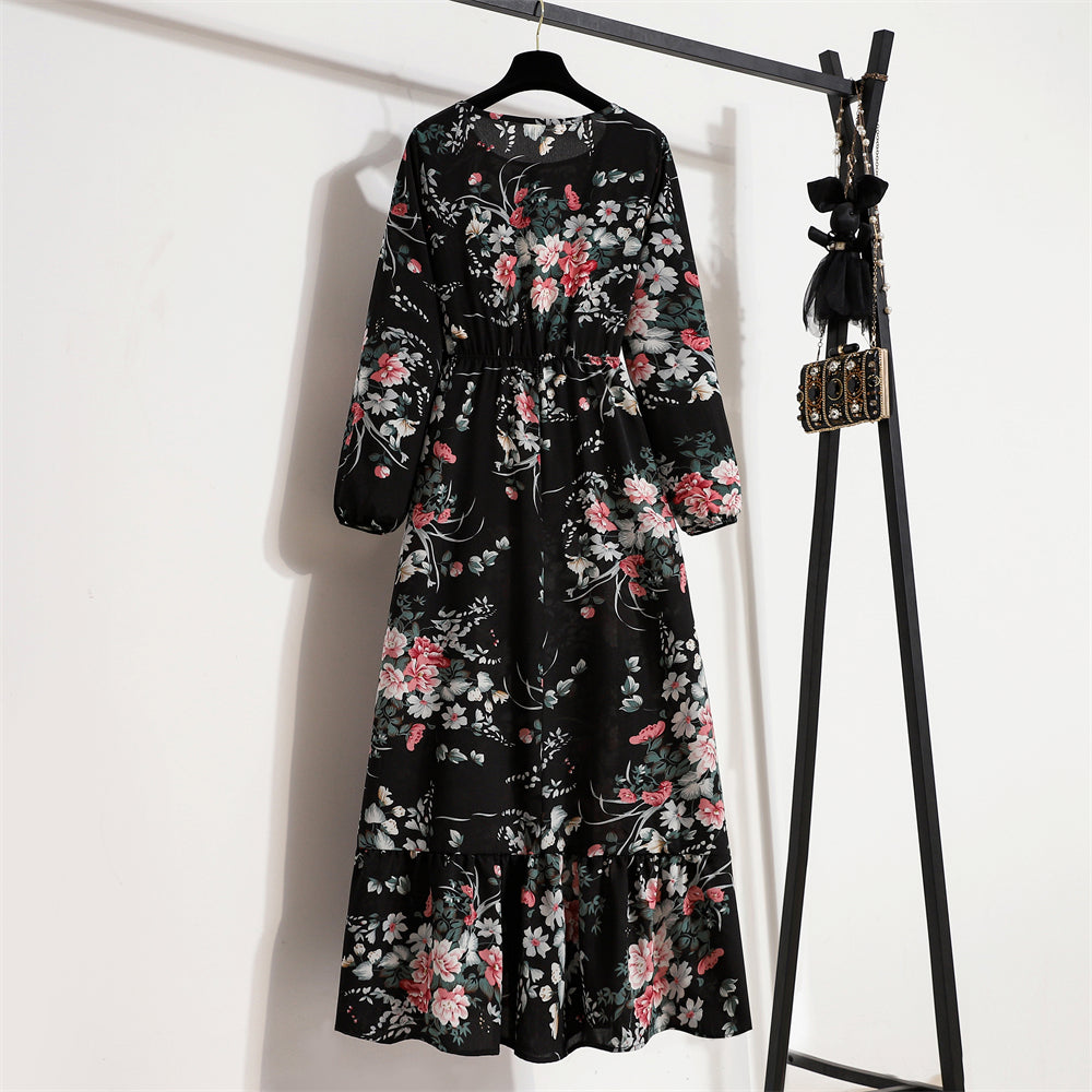 Frühling Sommer Damen Maxikleider Casual Langarm Geblümt O-Ausschnitt Damen Boho Strandparty Langes Kleid Mujer Vestidos