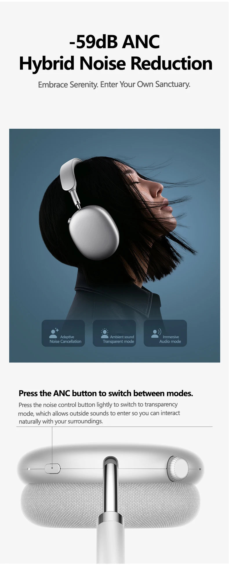 Picun F8MAX ANC Kabellose Kopfhörer 59dB Hybrid Active Noise Cancelling Spatial Audio Earphone Bluetooth 6.0 Over-Ear Headset 180H