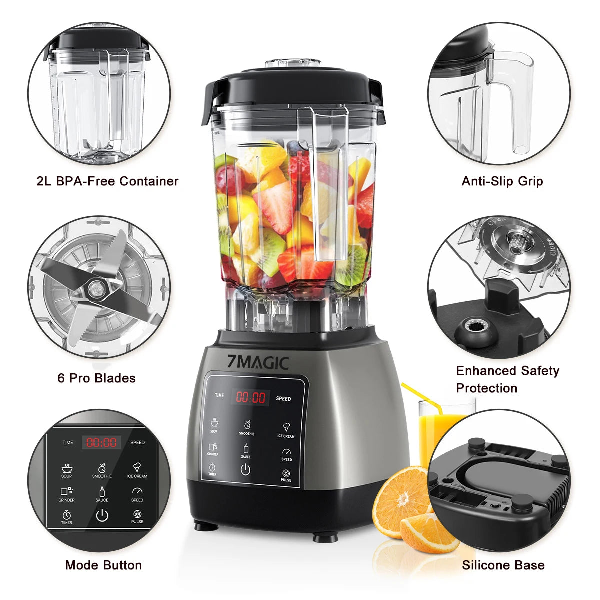 2000W Hochleistungs-Timer-Mixer Entsafter Obst-Küchenmaschine Eis Smoothies BPA-freier 2L Behälter