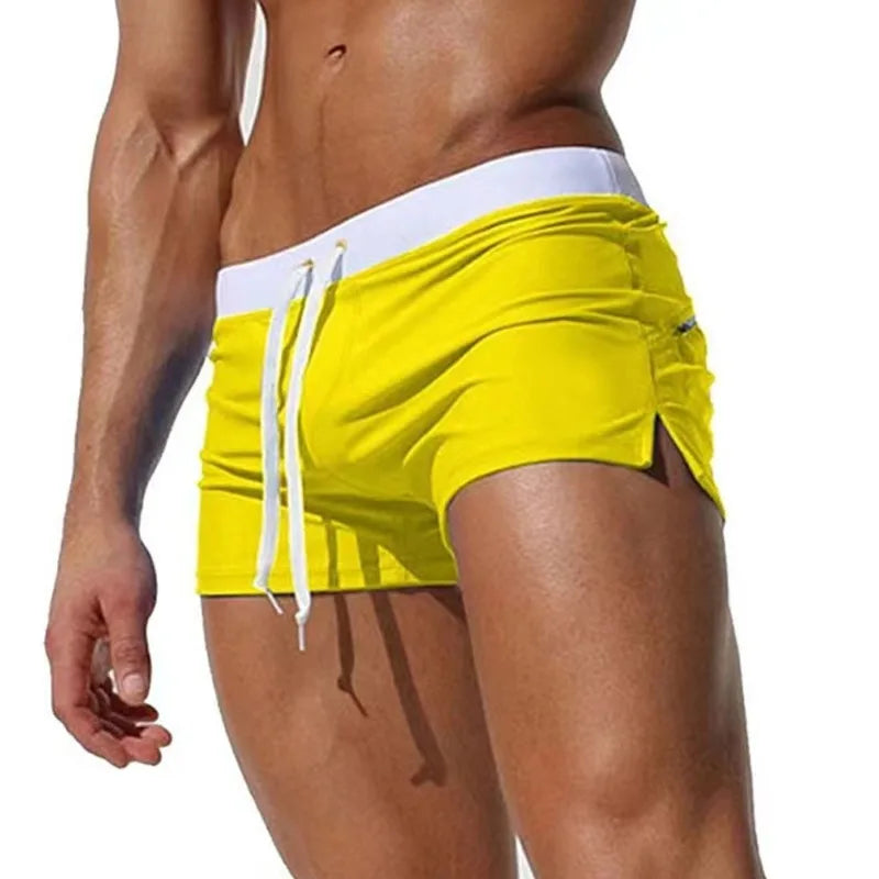 2025 Einfarbige Low-Rise Herren-Badeshorts | Reißverschluss & Kordelzug & Reißverschlusstasche hinten für sicheres und dezentes Tragen