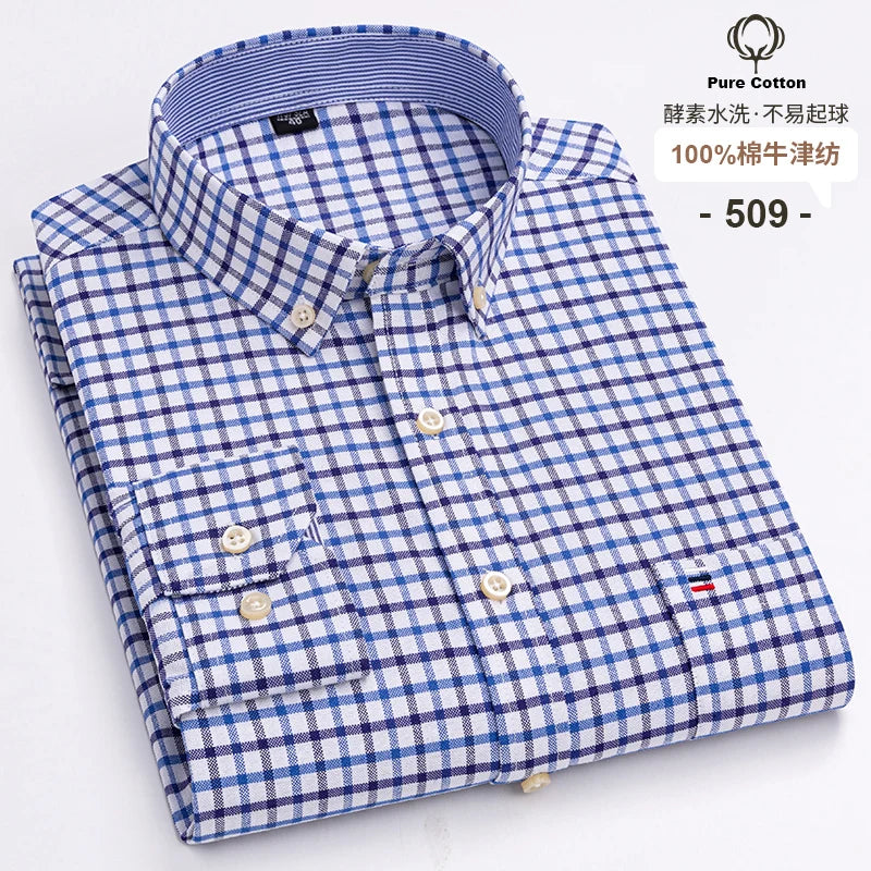 100 % Baumwolle Oxford Herrenhemden Langarm Kariert Weich Regular Fit Festliches Hemd Tasche Sozial Bluse Herrenkleidung S-7XL